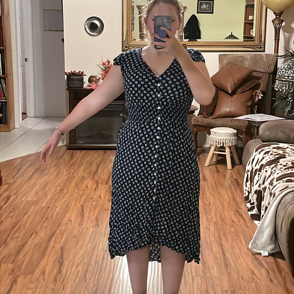 Navy Blue dress with little white designs, and white buttons. - Picture 3 of 3
